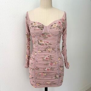Privy Ruched Mini Dress NWT Pink Floral Corset Style Body Con OTS Long Sleeves M